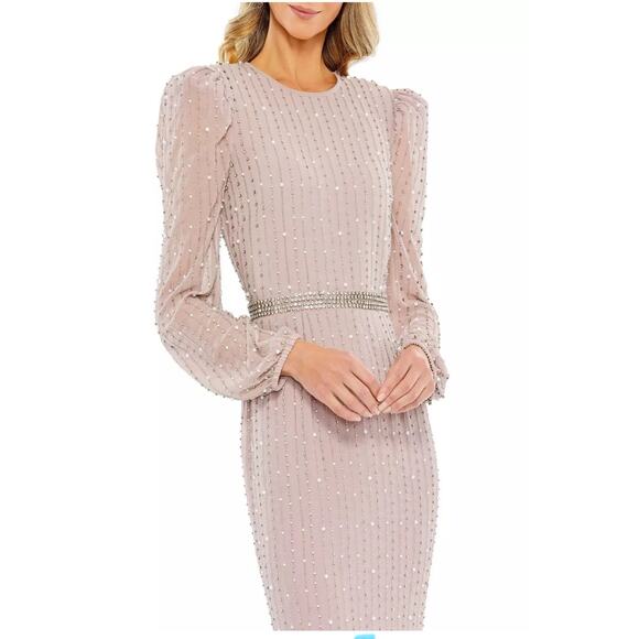 Mac Duggal 93622 LONG PUFF SLEEVE PEARL BEADED MIDI DRESS VINTAGE LILAC SZ 20 - Picture 2 of 16